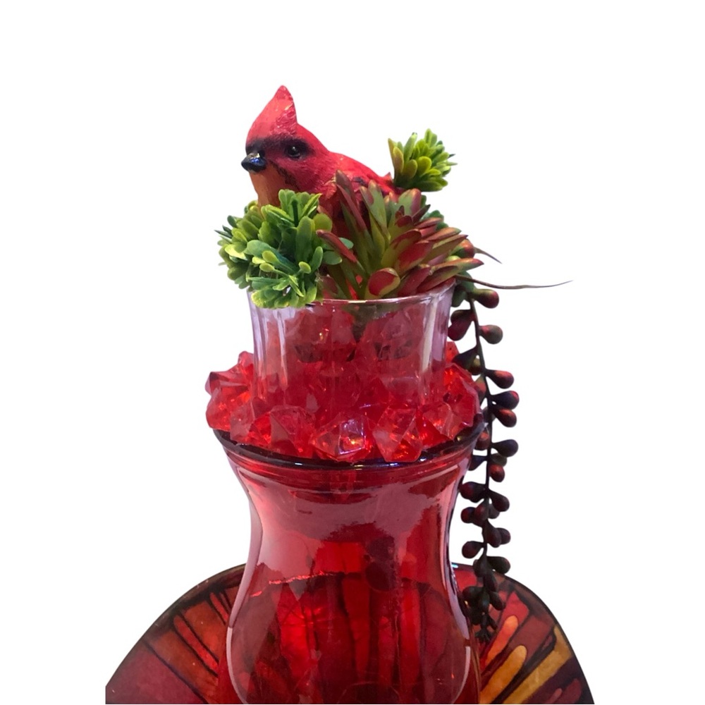 Red Glass Lighted Cardinal Centerpiece Vase Plate Set LED Fairy Lights - Picture 7 of 7